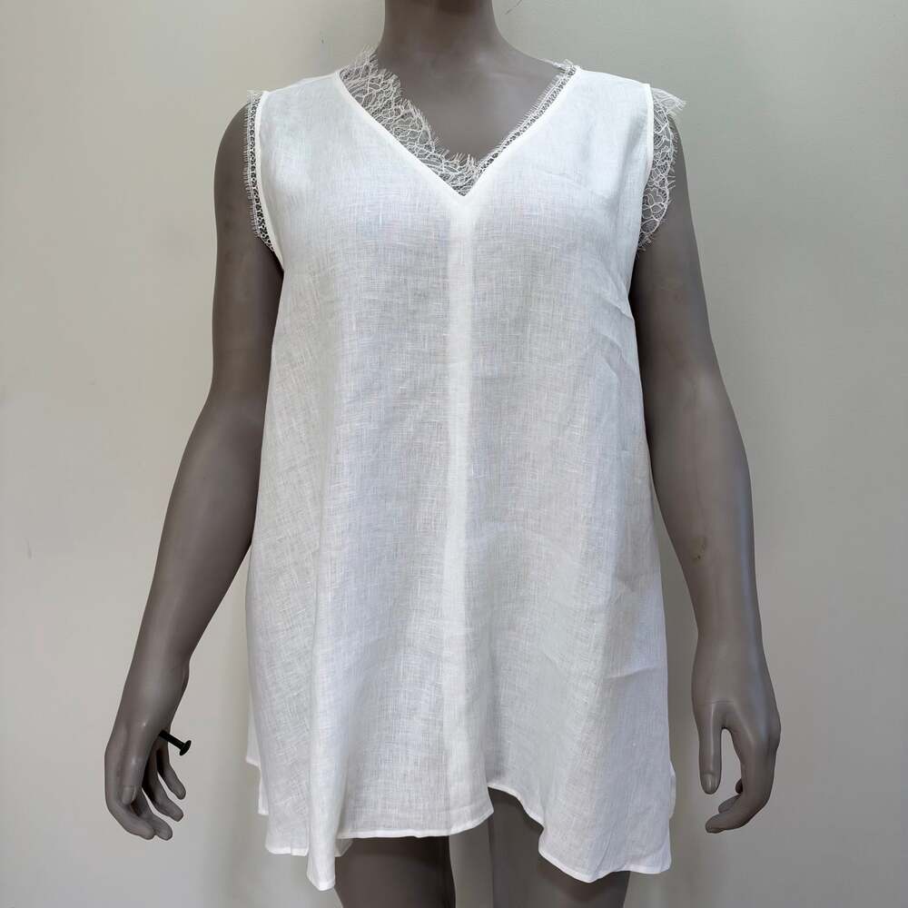 NWT Marina Rinaldi White Linen Lace Tank Top US20 Neutral Basic Capsule Romantic